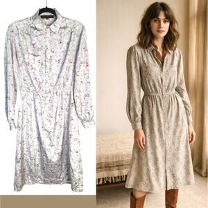 Vintage 1970s Lady Manhattan 8 Long Sleeve SILK Secretary Dress Floral Gray Pink